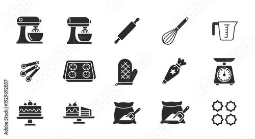Baking Icons Set: Mixer, Whisk, Rolling Pin, Cake, Measuring Cup, Scale, Oven Mitt