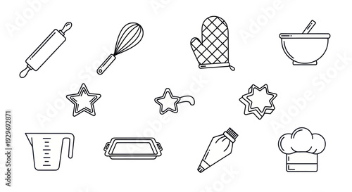 Baking Icons Set: Rolling Pin, Whisk, Oven Mitt, Bowl, Cookie Cutters, Piping Bag