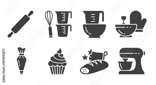 Baking Icons Set: Rolling Pin, Whisk, Mixer, Cupcake, Bread, Utensils