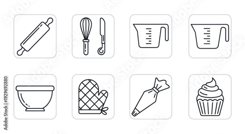 Baking Icons Set: Rolling Pin, Whisk, Knife, Measuring Cups, Bowl, Oven Mitt, Piping Bag, Cupcake