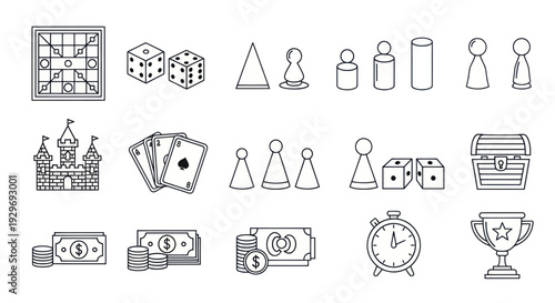 Board Game Icons: Dice, Pawns, Cards, Castle, Money, Timer, Trophy