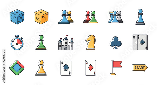 Board Game Icons: Dice, Pawns, Castle, Cards, Flag, Stopwatch, Start Sign