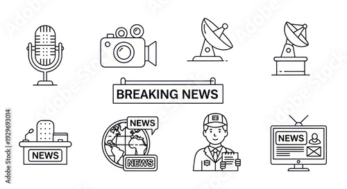 Breaking News Icons: Microphone, Camera, Satellite, Globe, TV, Reporter
