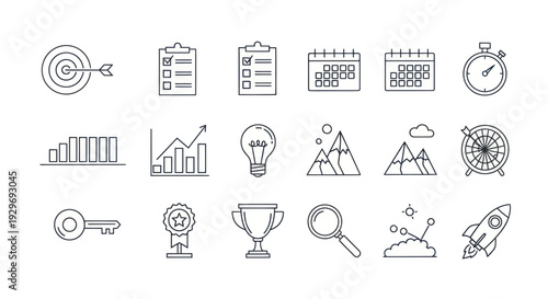 Business Goals and Strategy Icons: Target, Checklist, Calendar, Stopwatch, Rocket