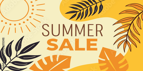 Bright summer sale banner with tropical palm leaves and sunshine elements. Perfect for seasonal promotion, retail advertising, ecommerce campaign and marketing design.