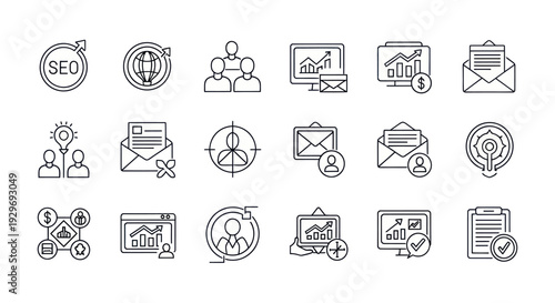 Business and SEO Icons: Data, Analytics, Email, Teamwork, Target, Strategy