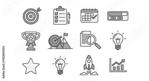 Business Goals Icons Set: Target, Trophy, Rocket, Calendar, Idea, Star, Chart