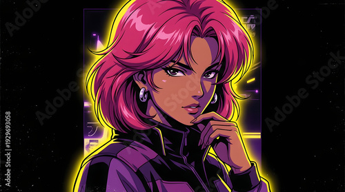 Anime illustration of Brazilian woman with pink hair and rim lighting
