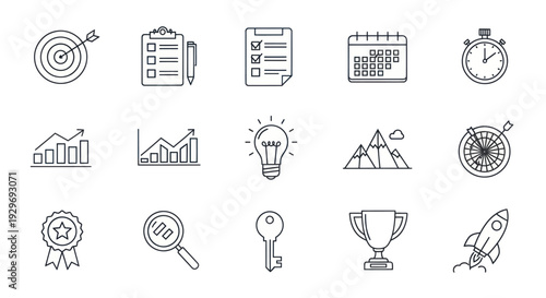 Business Goals Success Icons Set: Target, Checklist, Calendar, Graph, Idea, Trophy