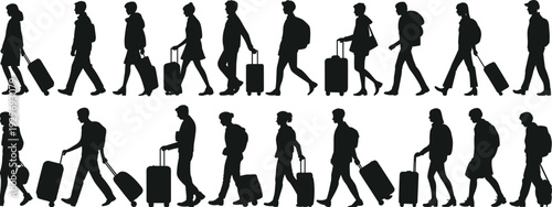 Travelers walking with luggage silhouettes set, airport passenger vector collection with suitcase, tourism, business trip and holiday travel concept illustration