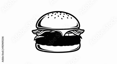 Stylized black and white illustration of a layered burger with sesame seeds on the bun