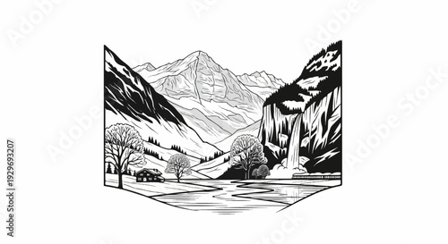 Serene mountain vista with a waterfall, winding river, and rustic cabin