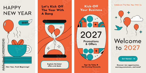 New Year 2027 Kickoff Banners – Modern Business Welcome Designs, Fresh Start Graphics & Motivational Templates for Promotions, Opportunities, and Seasonal Marketing