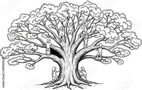 Children joyfully climb a large, leafy tree with exposed roots