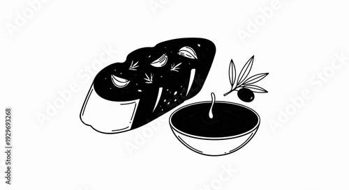 Stylized garlic bread with olive oil dipping sauce and olive sprig