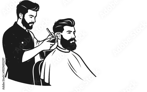 A barber trims a man's beard and hair with clippers and scissors