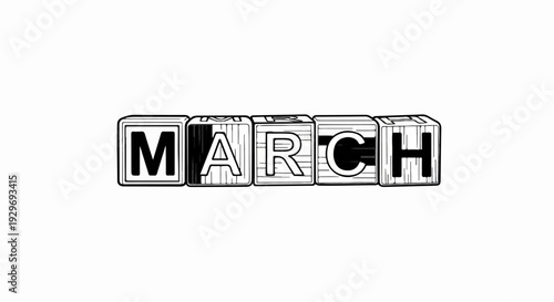 Five wooden blocks spelling out March in bold letters on a white background