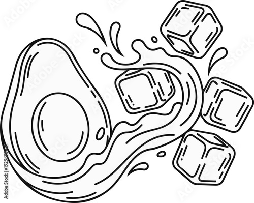 A split avocado with ice cubes and liquid splashes in a dynamic composition