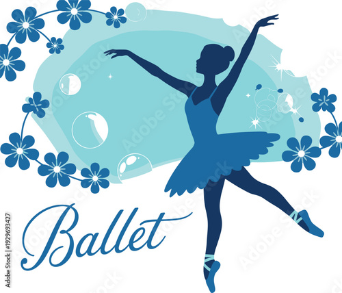 A beautiful ballerina girl dancing in a blue tutu with flowers, sparkles and bubbles
