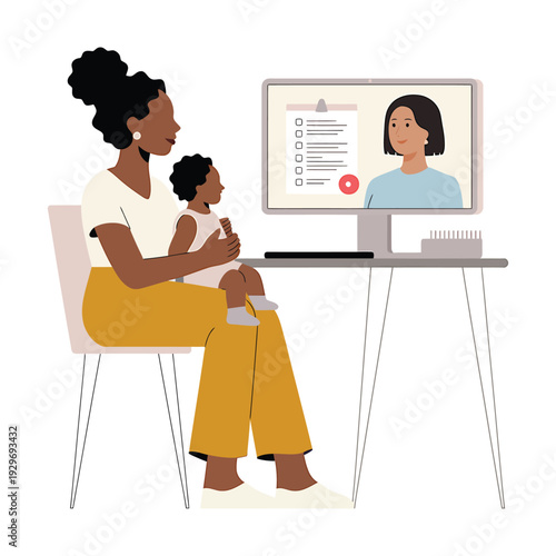 A woman holding her baby is having a virtual video conference on a desktop computer