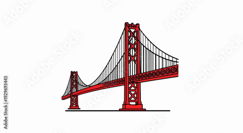 A red suspension bridge with black cables spans across a white background