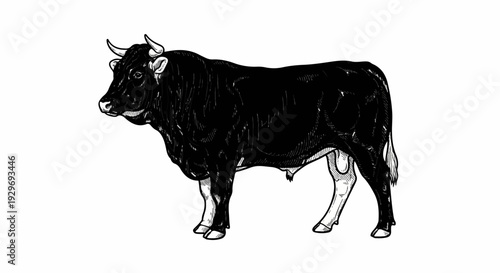 Detailed black and white illustration of a powerful bull standing on a plain background