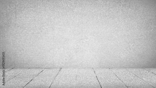Gray and white vector studio room background featuring a wooden floor and textured concrete wall with noise effect for product display and interior mockups.