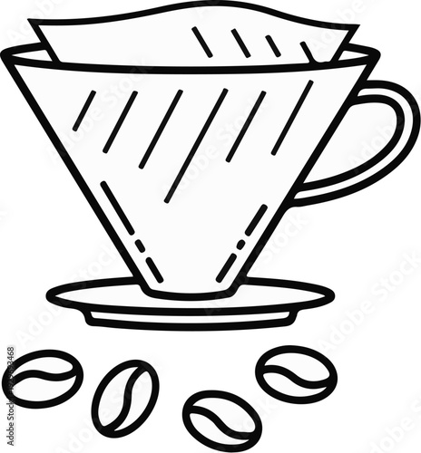 A line drawing depicts a coffee dripper with a filter and coffee beans