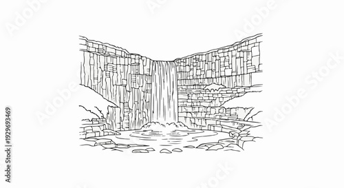 Black and white sketch of a waterfall cascading into a pool surrounded by rocky cliffs