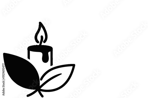 Black icon of a lit candle with melting wax and two stylized leaves below