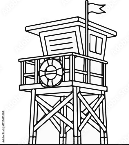 Elevated wooden lifeguard tower with life preserver and flag