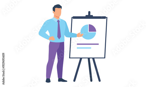 Businessman Presenting Data with Pie Chart on Whiteboard Easel