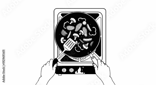 Overhead view of hands cooking vegetables in a frying pan on a stove