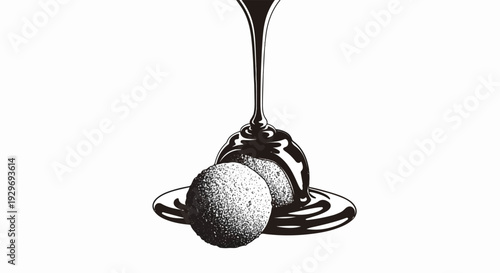 A dessert of round cakes covered in dark chocolate, served on a plate