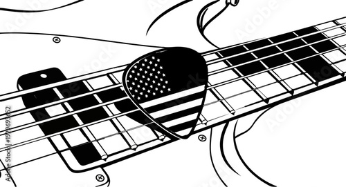 A guitar pick with the American flag design rests on the strings of a bass guitar