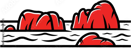 Stylized red rock formations emerge from dark water under a white sky