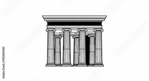 Stylized ionic columns form a classical facade in a monochromatic illustration
