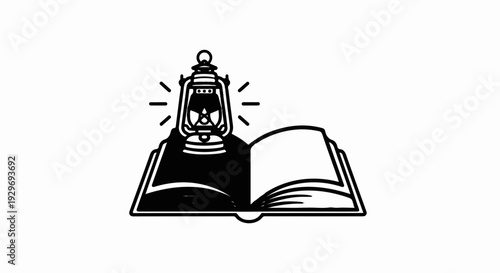 An open book with a lit lantern glowing brightly above it