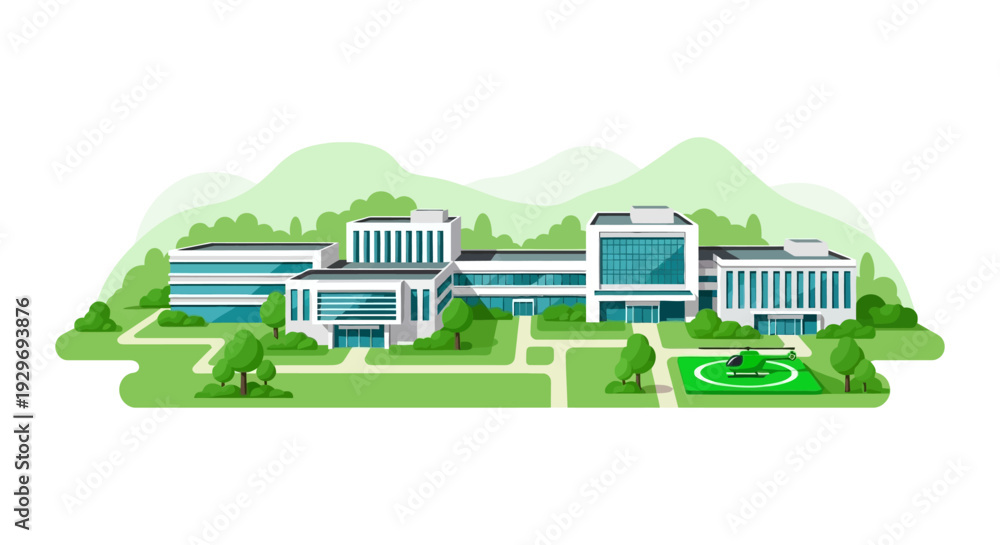 Fototapeta premium State-of-the-Art Hospital Campus with Helipad. Modern Healthcare Facility and Emergency Medical Services Illustration.