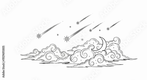 Whimsical sketch of a crescent moon amidst swirling clouds with shooting stars