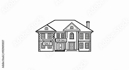 Line drawing of a two-story house with a "For Sale" sign in front