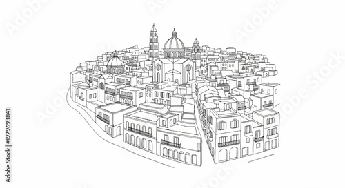 A stylized line drawing depicts a dense European town with a prominent church and buildings