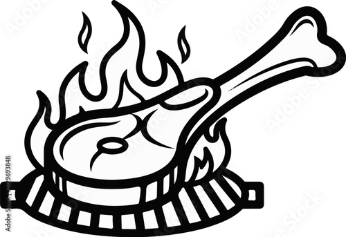 A stylized black and white illustration of a bone-in meat leg cooking over flames