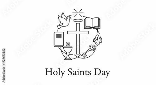 Religious symbols including a cross, dove, key, and chalice are depicted