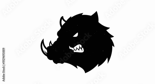 Fierce black silhouette of a wild boar's head with sharp teeth and tusks, aggressive stare