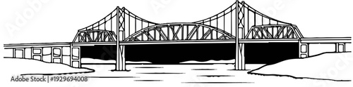 A detailed sketch of a large suspension and truss bridge spanning a wide river