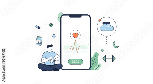 Digital Health & Wellness: Man using mobile app and smartwatch for heart rate, sleep, and fitness tracking. Modern healthcare illustration.