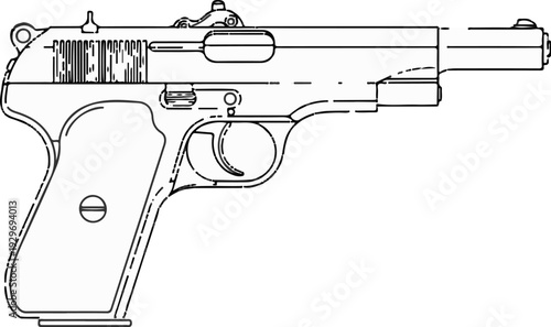 Detailed line drawing of a semi-automatic pistol with visible internal mechanisms and grip detail