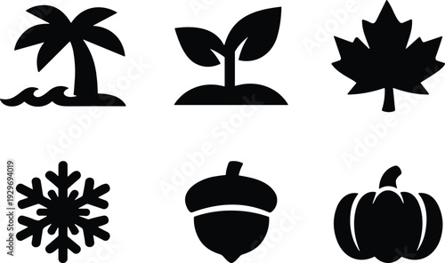 Seasonal nature silhouette icon set with palm tree sprout maple leaf snowflake acorn pumpkin vector illustration isolated background