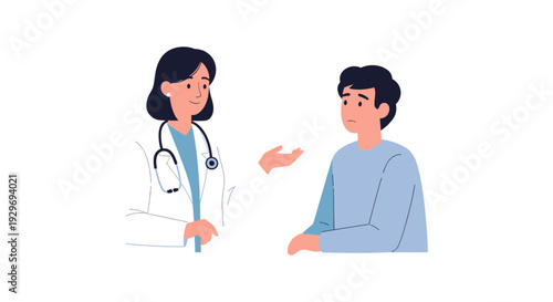 Healthcare Consultation: Female Doctor Explaining Medical Information to Male Patient. Discussion, Diagnosis, and Empathy in a Modern Flat Illustration.
